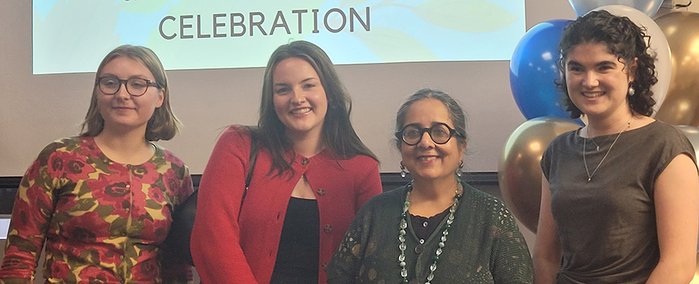 Some of our University of Toronto Excellence Award winners. L-R: Annie Metzger-Oke, Bianca Quilliam, Professor Srilata Raman (Associate Chair, Undergraduate), Allison Cybulski (Photo: Harjit Bains)