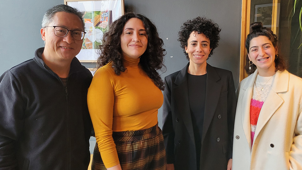 L-R: Dr. Mona Oraby (second from right) with graduate students (L-R) Albert Yang, Christina Pasqua and Joy Saade